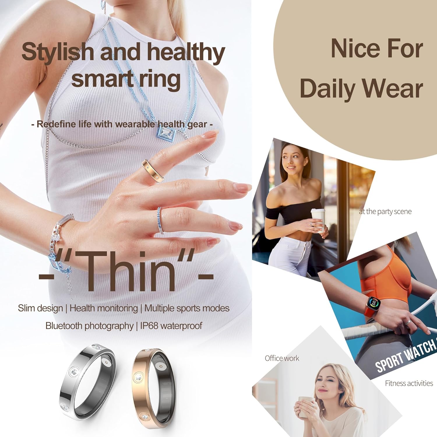 HR01 Smart Ring for Women Fitness Ring Health Ring with Diamonds Fitness Tracker with Heart Rate Sleep Monitor No Subscription Fee for Android iOS