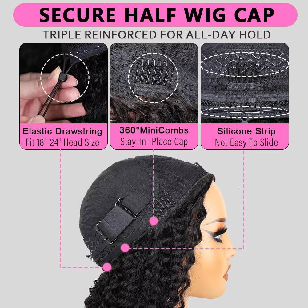 Half Wig Human Hair Glueless Wig 3 in 1 With Drawstring Seamless Clip Ins Flip Over Kinky Curly Human Hair Wigs for Black Women