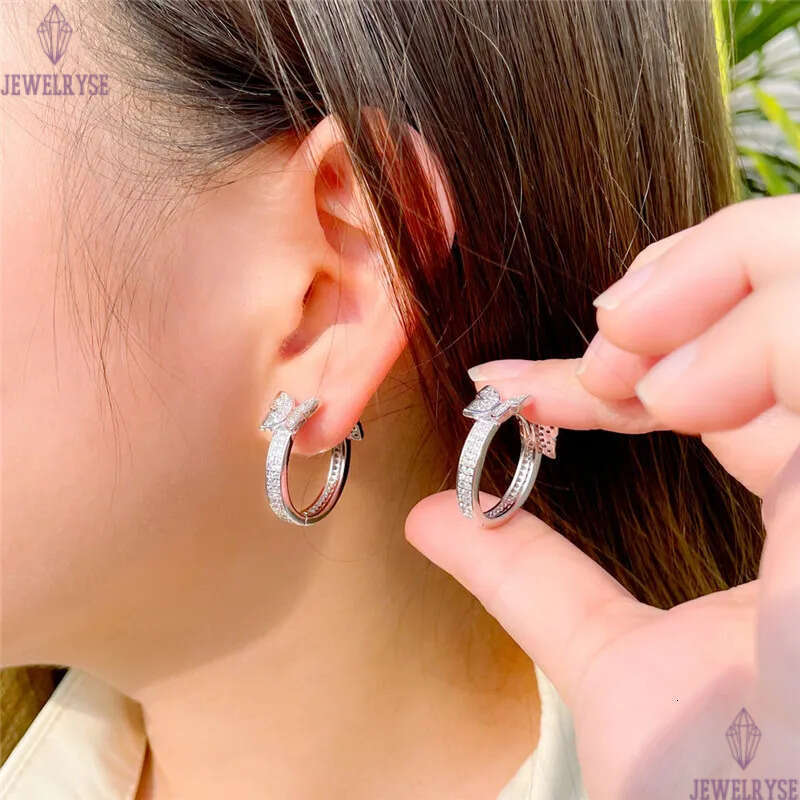 18k gold butterfly hoop earring designer for woman jewelry white AAA cubic zirconia copper round silver diamond earrings womens friend gift size 2.2cm