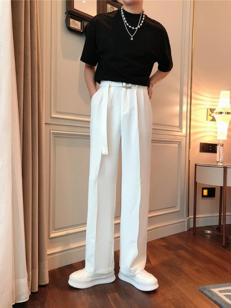 White Trousers For Men Baggy With Belt Wide Leg Elegant Spring Clothes Man Suits Pants Clothing Promotion Fabric Summer 2025 251204