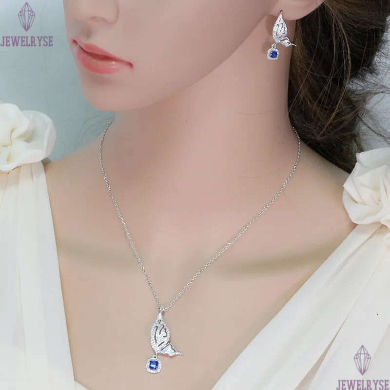 2pcs/set Fashion Wedding Designer Jewelry Set Woman Diamond Butterfly Necklace Earrings Yellow Blue AAA Cubic Zirconia Earring Necklaces forBridesmaid