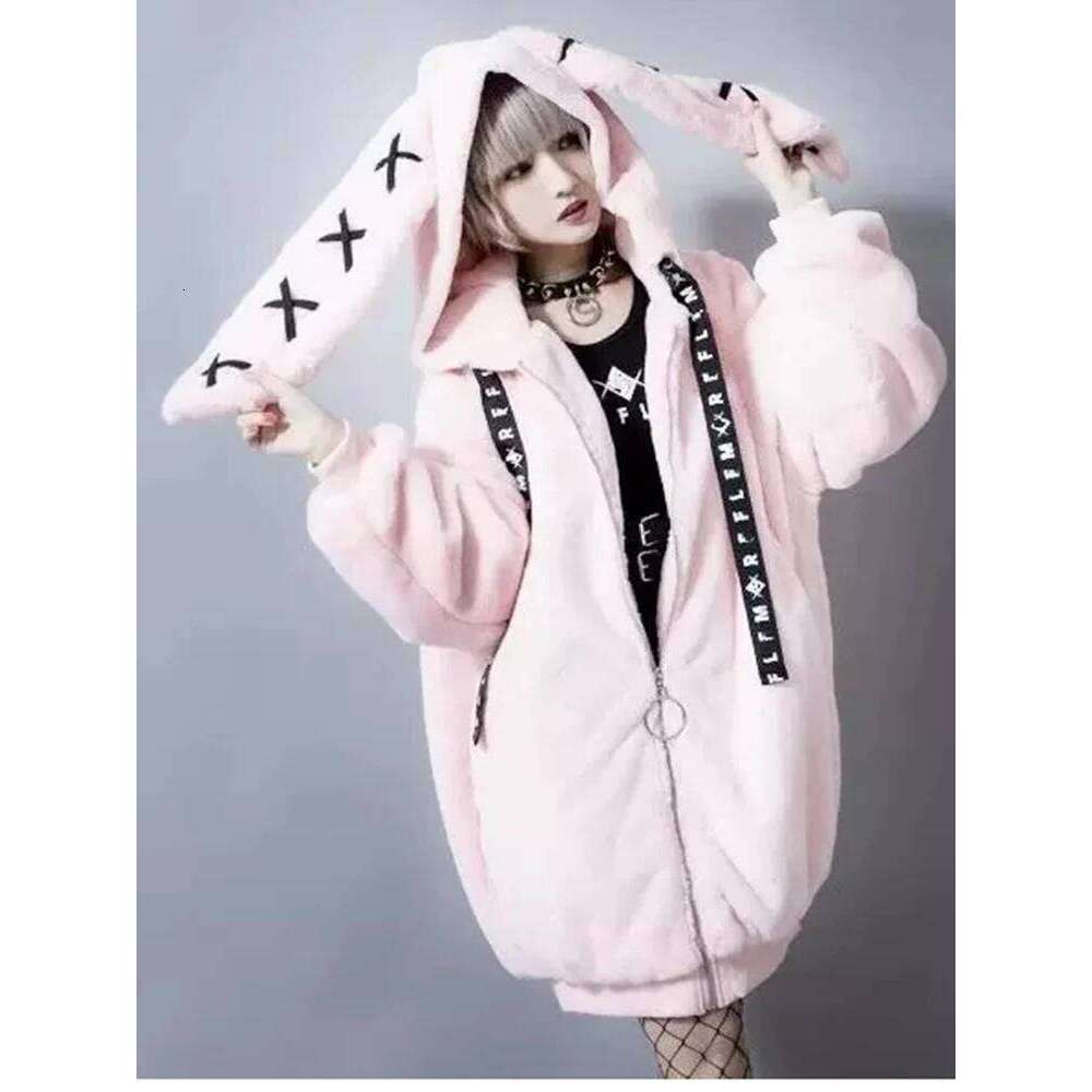 Lautaro Autumn Oversized Sweet Cute Soft Purple Black Faux Fur Coat Women With Bunny Ears Kawaii Loose Fluffy Jacket Hoodie 2023