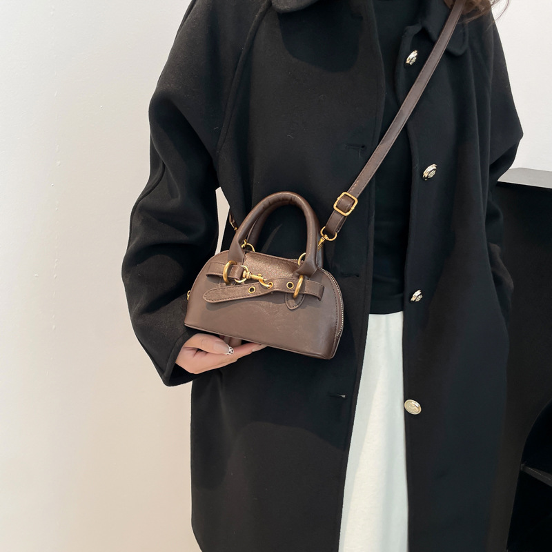 Taupe Mini Dome Top Handle Bag Leather Look Crossbody with Metal Buckle Accent Chic Design for Everyday Use 1100368158