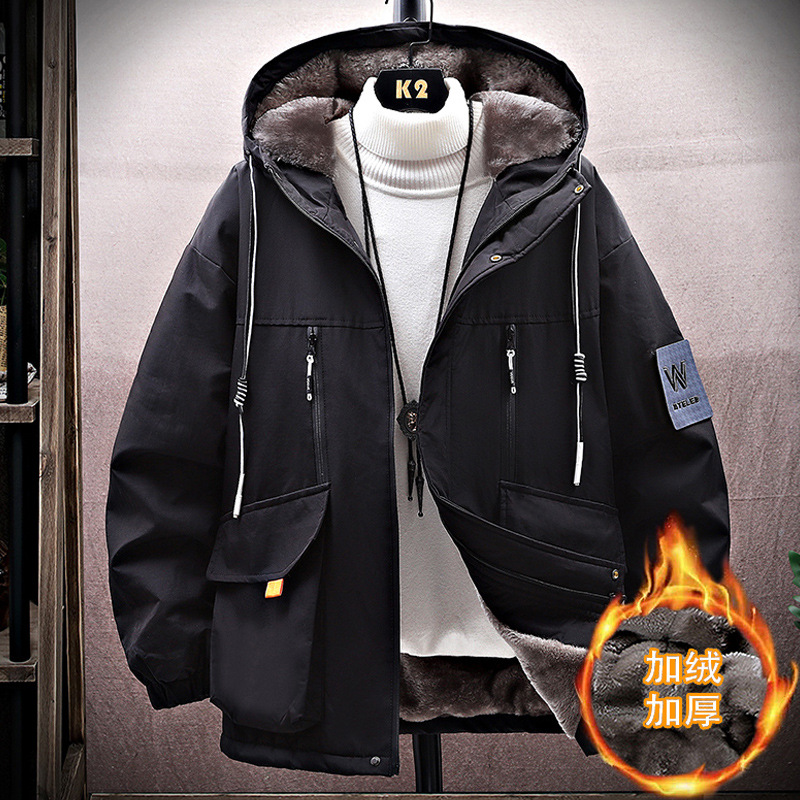 Men's Winter Hooded Fleece-Lined Thickened Long-Sleeve Cargo Jacket: Trendy Padded Heavyweight Outerwear