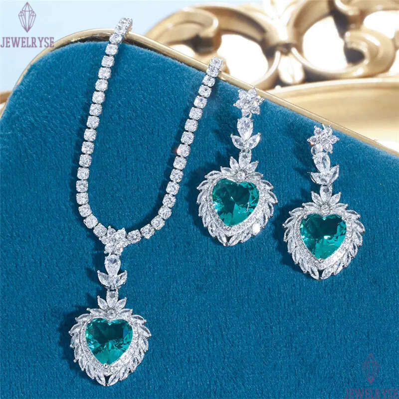 Sparkling wedding designer set heart tennis necklace earring african jewelry sets Blue Green AAA Zirconia Woman Diamond Earrings Necklaces Dinner Part