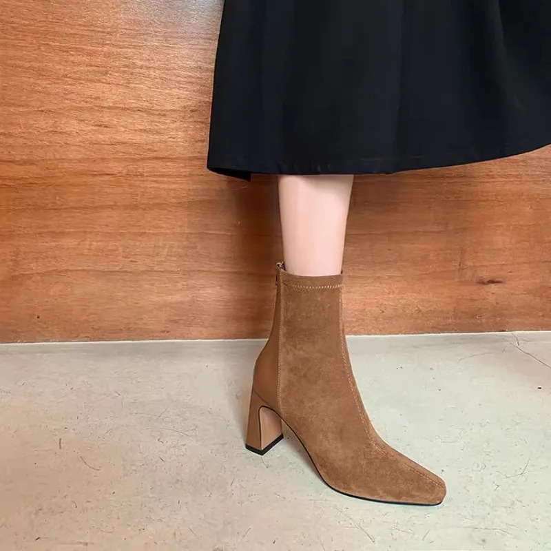 Square Toe Thick Heel Womens Korean Fashion Short-tube High-heeled Suede Socks Boots Elastic Slim Boots 251204