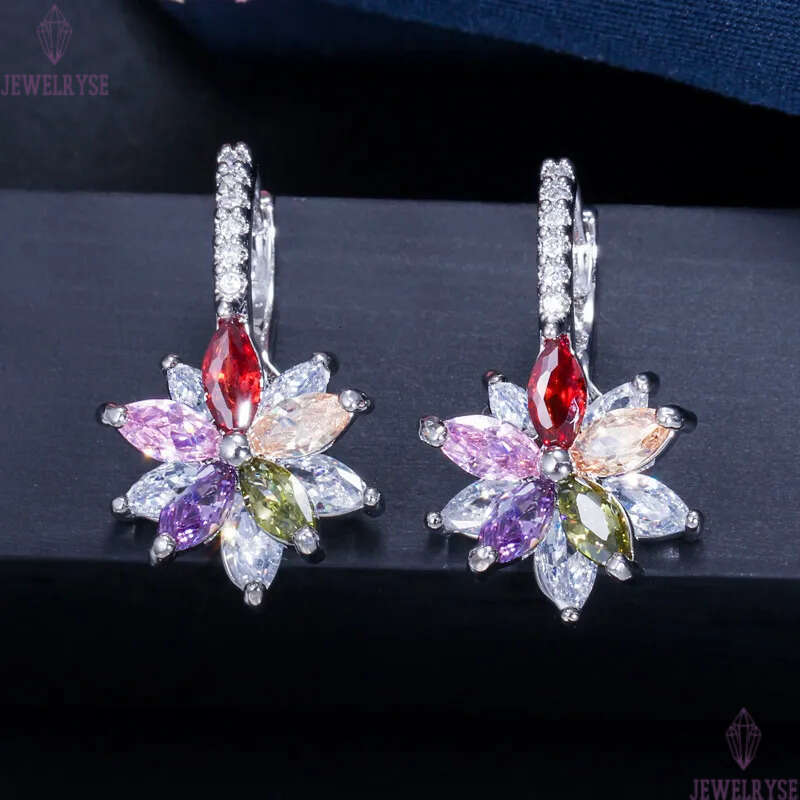 Luxury Charm Flowers Designer Earrings AAA Cubic Zirconia Copper Jewelry Colorful White Red Green CZ Stud Silver Earring For Women Party Wedding Bride