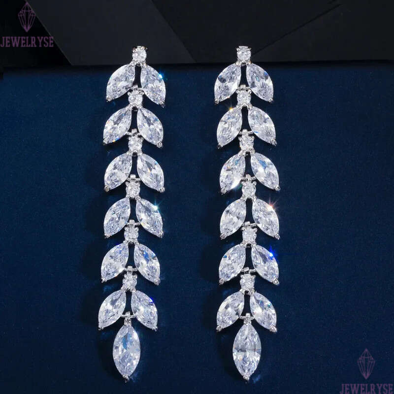 long dangle designer earring for woman AAA cubic zirconia leaf copper luxury 62mm white CZ 18k gold silver earrings party friend bride wedding womens 