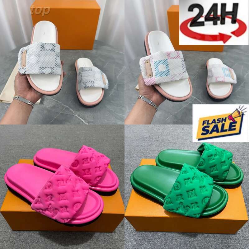 Top designer unisex slippers Pool fit flat pillow soft soles Mule style trendy prints/embossments Summer sandals colors black grey pink green Great for beach