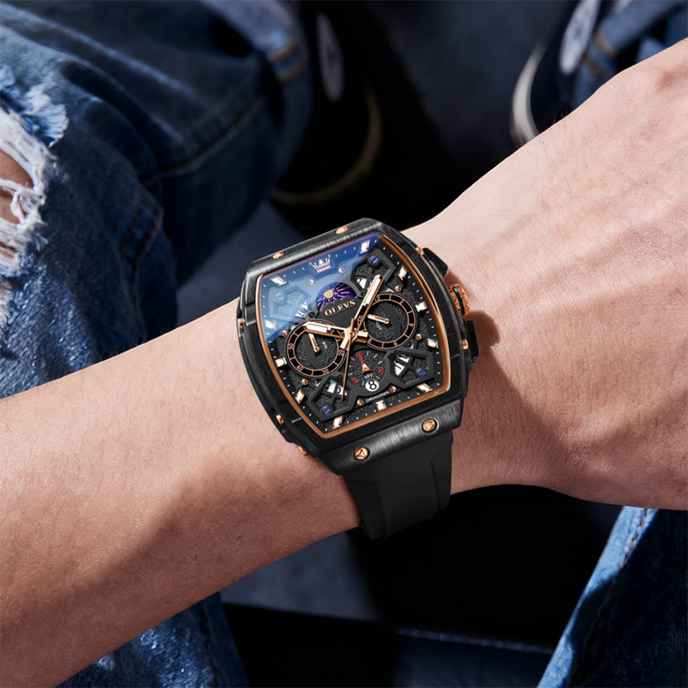 OLEVS Autumn new wine barrel shaped dial multifunctional quartz men's watch three eye calendar quartz watch silicone watch band