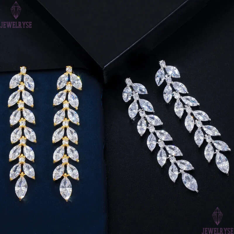 long dangle designer earring for woman AAA cubic zirconia leaf copper luxury 62mm white CZ 18k gold silver earrings party friend bride wedding womens 