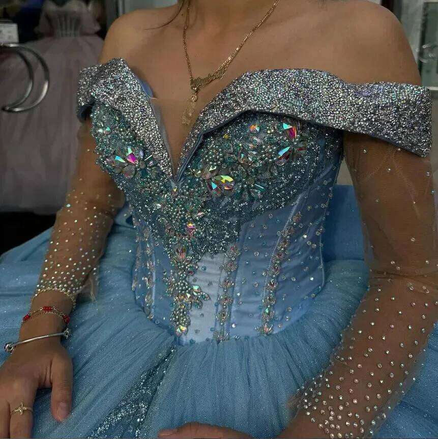 Sparkly Crystal Princess Quinceanera Dresses Beade Off Shoulder Ball Gown Birthday Prom Big Bow Back Corset Sweet Dress