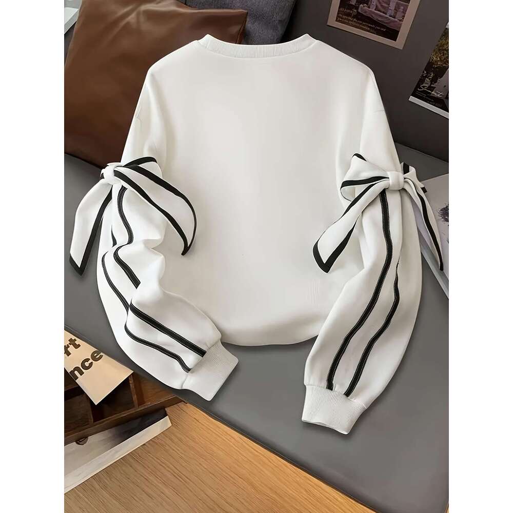Women's Cozy Long Sleeve Crew Neck With Ruffled Sleeves & Bow Detail - Soft Warm Pullover For Fall/Winter, Casual Everyday Top, Cute Sweatshirts, Sweatshirt