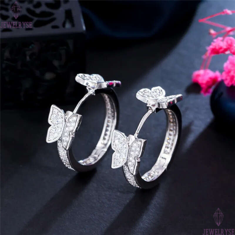 18k gold butterfly hoop earring designer for woman jewelry white AAA cubic zirconia copper round silver diamond earrings womens friend gift size 2.2cm