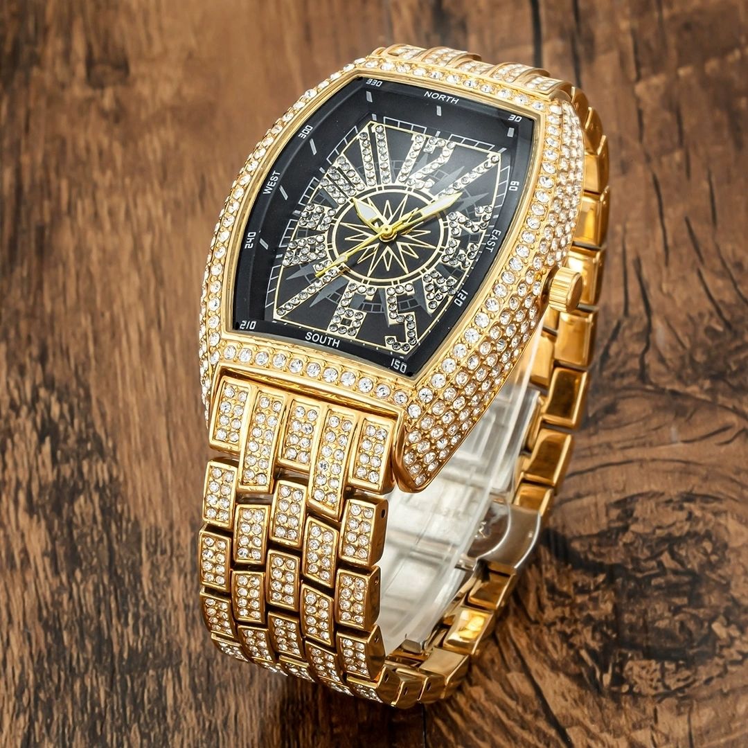Moissanite Frank men's watch, full diamond tonneau dial, high-end men's style, wormhole concept hip-hop trend.