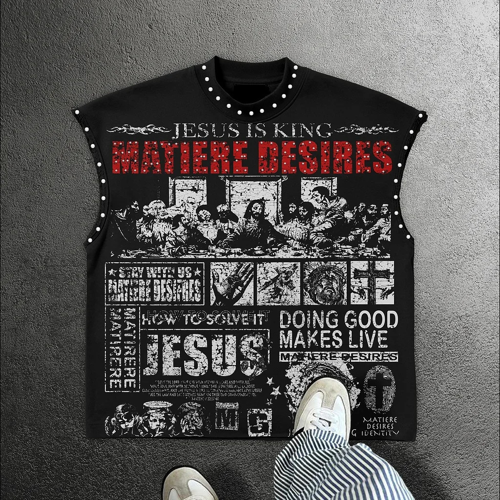 Streetwear Y2K Fashion Retro Sleeveless Oversized T Shirt Gothic Classic Top Hip Hop Print Extra Large Round Neck Vest 251205
