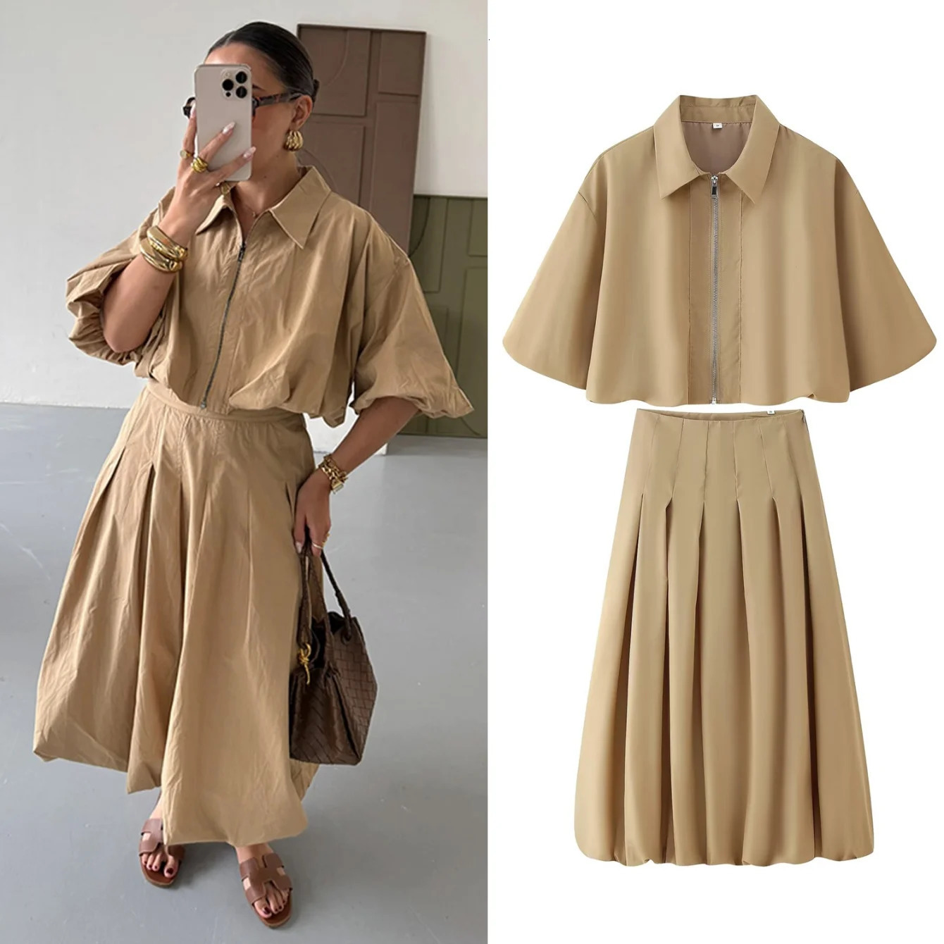 Womens Autumn Short Zipper Jacket Short Sleeved Top High Waisted Pleated Lantern Flower Bud Half Skirt Set 251204