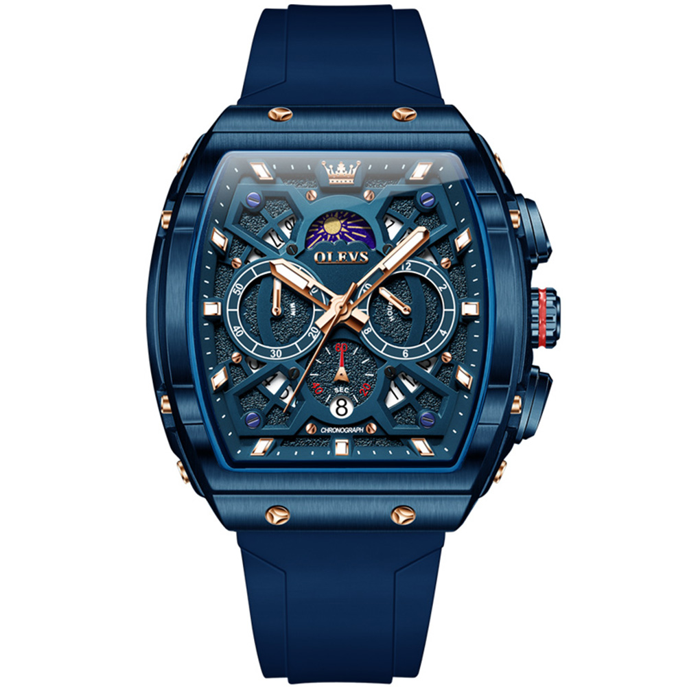 OLEVS Autumn new wine barrel shaped dial multifunctional quartz men's watch three eye calendar quartz watch silicone watch band