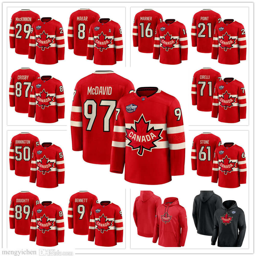Red 2025 4 Nations Face-Off Hockey Jersey Canada Team 87 Sidney Crosby 29 Nathan MacKinnon 97 ConnorMcDavid 63 Marchand 21 Point 38 Hagel 8 Cale Makar 9 Bennett Hoodies
