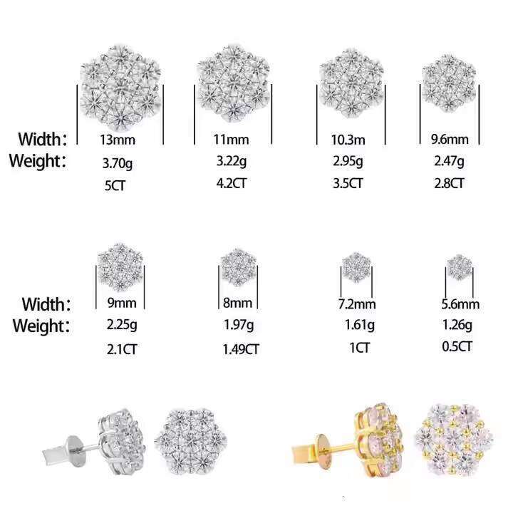 Multi Size Moissanite Radiance Flower Stud Earrings White Gold 925 Sterling Silver VVS Lab Synthetic VVS Moissanite Fine Jewelry Mens