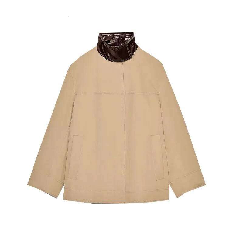 Fashion 2026 Spring Women's Loose Fit Stand Collar Patchwork Plaid Jaet Outerwear Versatile Long Sve Button Closure Coat