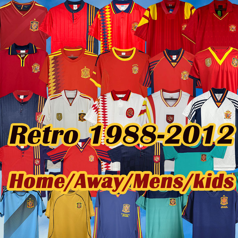 Retro Spain 1988 90 92 94 96 99 2000 04 football shirts for boys Featuring Iker Casillas Carles Puyol Sergio Ramos Gavi and Andres Iniesta 06 08 10 12 18 football shirts.