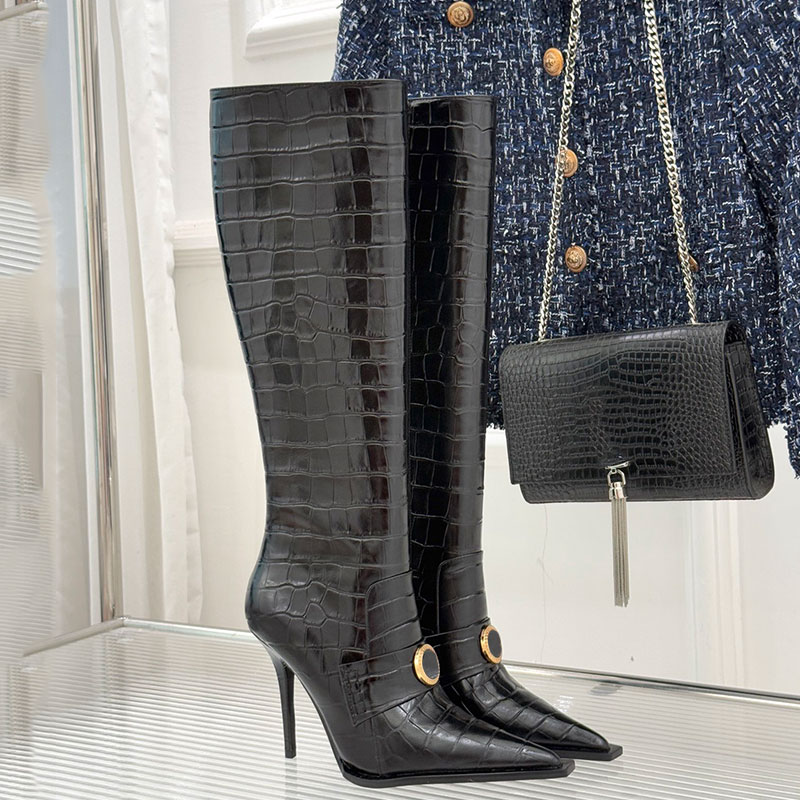 Beauty Head Metal Buckle Knee Boots Ladies Pointed Knight Boots Womens Zipper Motorcycle Boots Three Dimensional Embossed Leather Outsole Size 35-41