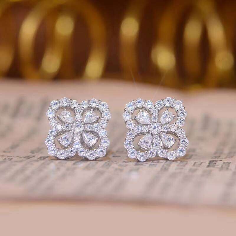 VVS Moissanite Deshan Ye Cao Design VVS1 Earrings, Three-leaf Clover 925 Silver Pear Cut Silicon Stone Earrings