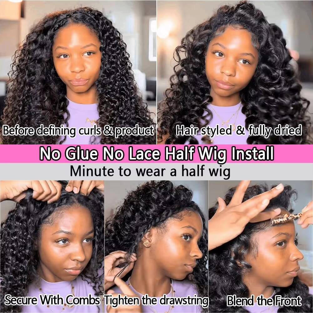 Half Wig Human Hair Glueless Wig 3 in 1 With Drawstring Seamless Clip Ins Flip Over Kinky Curly Human Hair Wigs for Black Women