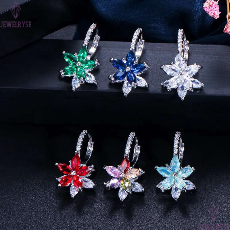 Luxury Charm Flowers Designer Earrings AAA Cubic Zirconia Copper Jewelry Colorful White Red Green CZ Stud Silver Earring For Women Party Wedding Bride