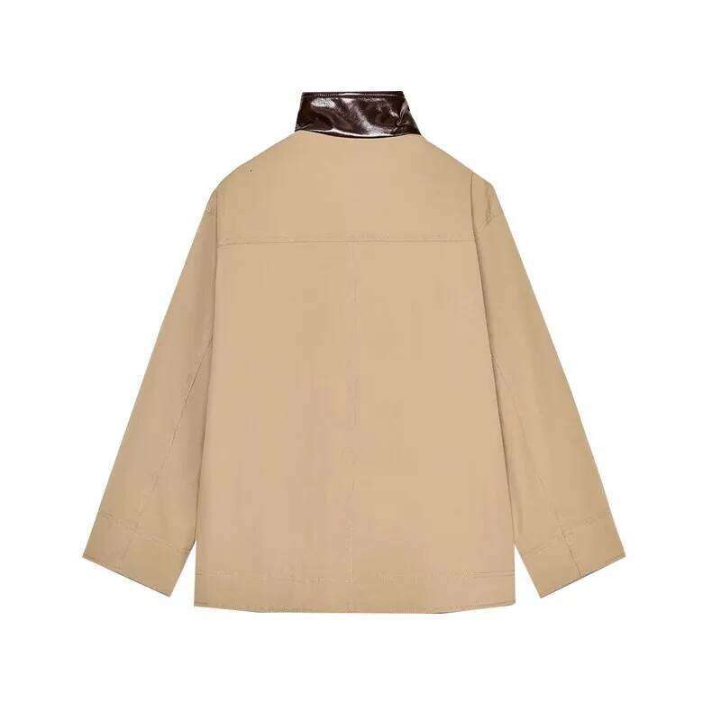 Fashion 2026 Spring Women's Loose Fit Stand Collar Patchwork Plaid Jaet Outerwear Versatile Long Sve Button Closure Coat