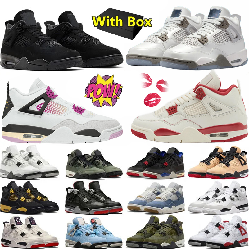 With Box 4 4s mens basketball shoes 2026 Black Cat White Cement Brick by Brick Bred Reimagined Military Lakeshow Valentine's Day men women trainers sports sneakers
