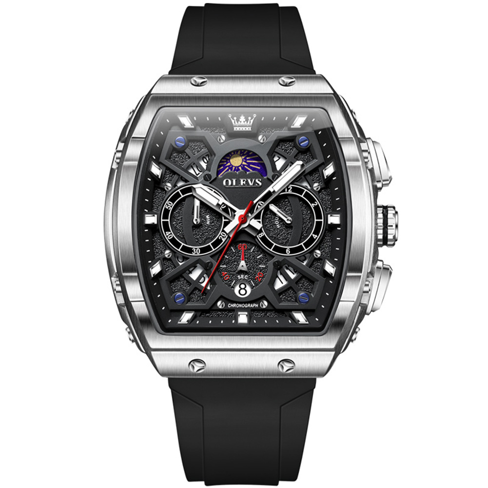 OLEVS Autumn new wine barrel shaped dial multifunctional quartz men's watch three eye calendar quartz watch silicone watch band