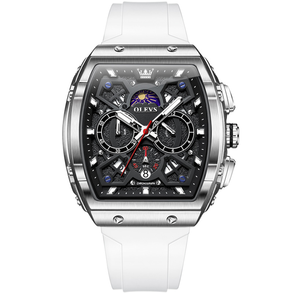 OLEVS Autumn new wine barrel shaped dial multifunctional quartz men's watch three eye calendar quartz watch silicone watch band