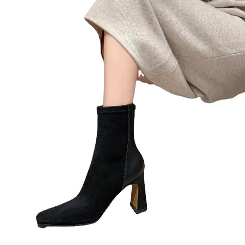 Square Toe Thick Heel Womens Korean Fashion Short-tube High-heeled Suede Socks Boots Elastic Slim Boots 251204