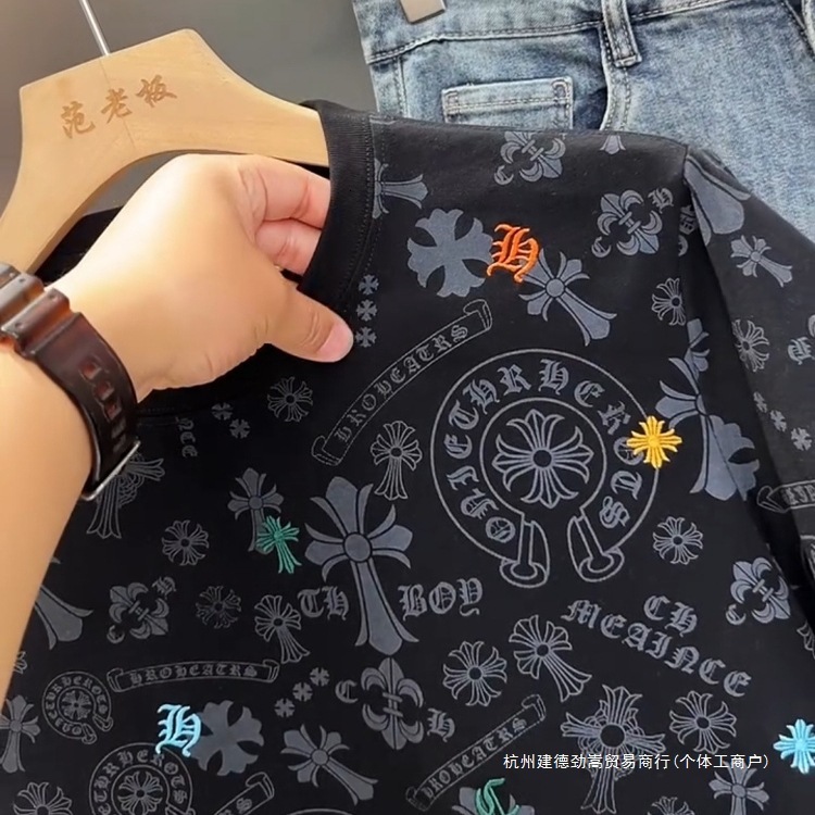 Designer Luxury Top 2025 Summer New Trendy Brand Heavy Embroidery Full Print Round Neck Short Sleeve T-shirt Men Slim Fit Versatile Light Luxury Base 