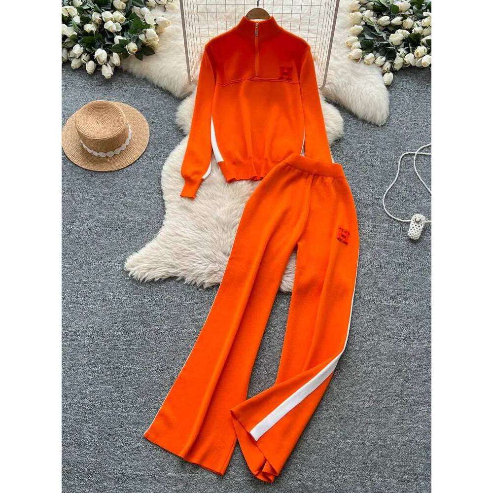 Spor Casual Outfit Women's Autumn Design Contrast Color Letter Embroidery Stand Collar F Zip Knitted Top Wide Leg Pants