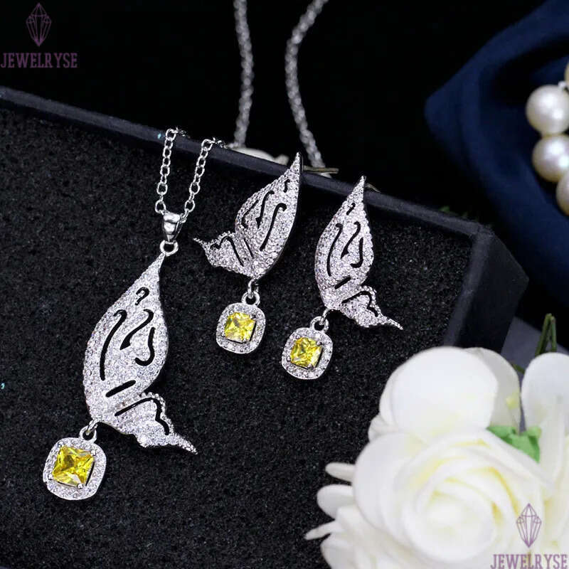 2pcs/set Fashion Wedding Designer Jewelry Set Woman Diamond Butterfly Necklace Earrings Yellow Blue AAA Cubic Zirconia Earring Necklaces forBridesmaid