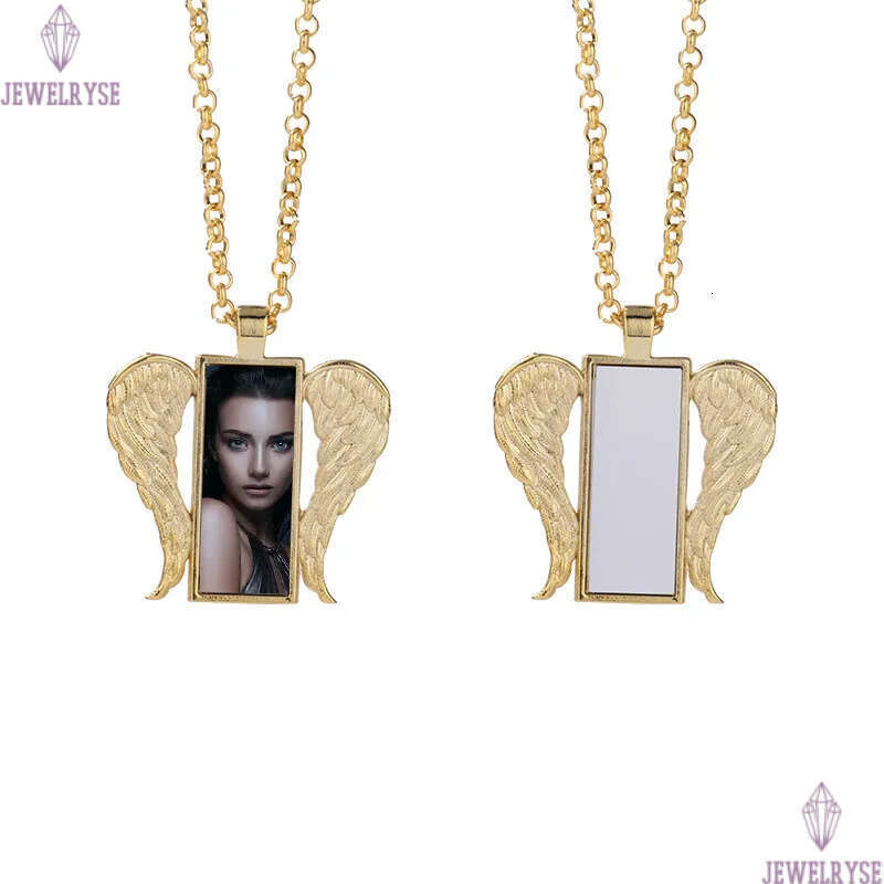 Vinatge DIY Sublimation Blank Gold Rectangle Wing Necklace Designer Woman Silver Plated Pendant Couples Necklaces for Man Womens Valentines Day Jewelr