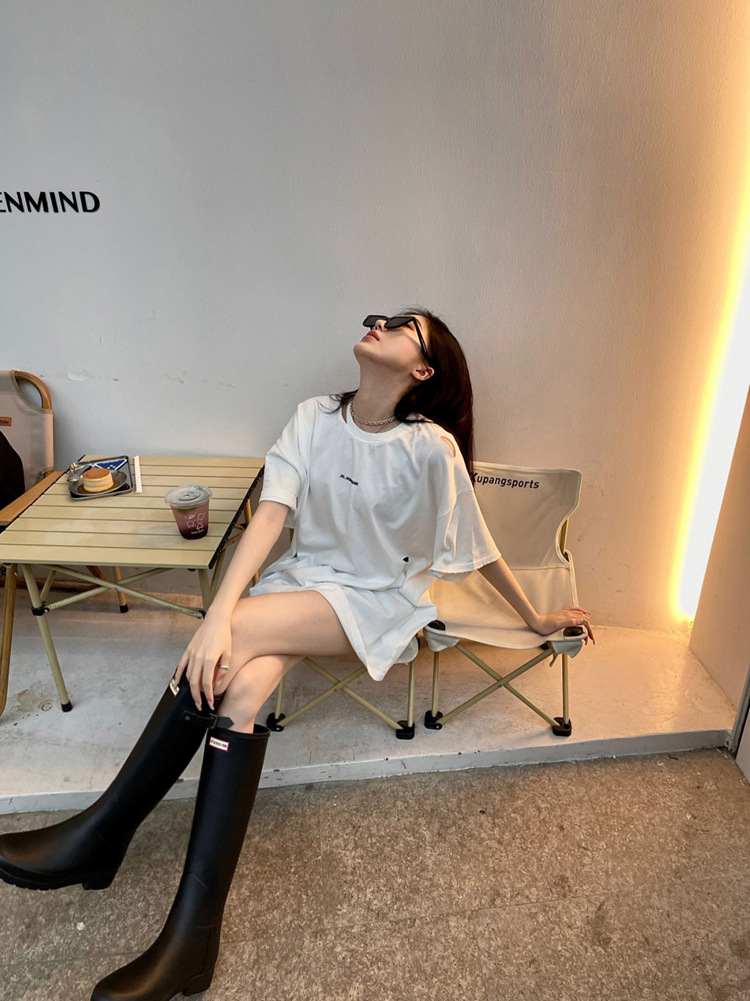 Tall Black Waterproof Rubber Rain Boots Side Buckle & Fashion Label Accent Outdoor Daily Footwear