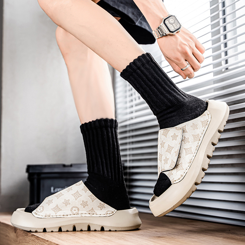 Fashionable Men's Slippers Summer Designer's new Trendy Versatile Outdoor Beach Simple Print Design Slippers in Sand and Black Colors Free S