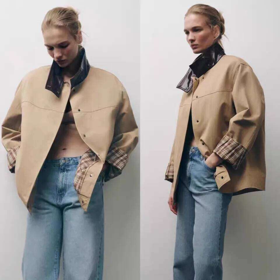 Fashion 2026 Spring Women's Loose Fit Stand Collar Patchwork Plaid Jaet Outerwear Versatile Long Sve Button Closure Coat