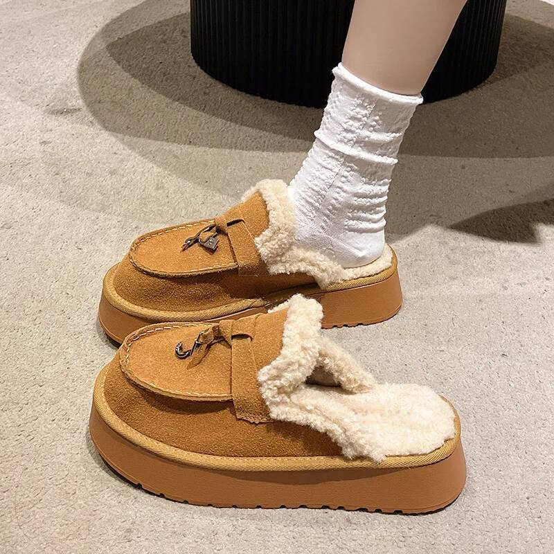 Winter Warm and Fluffy Bow Designer Women's Slippers Soft Bottom Non slip Thick Plush Fabric Women's Casual Shoes Slippers