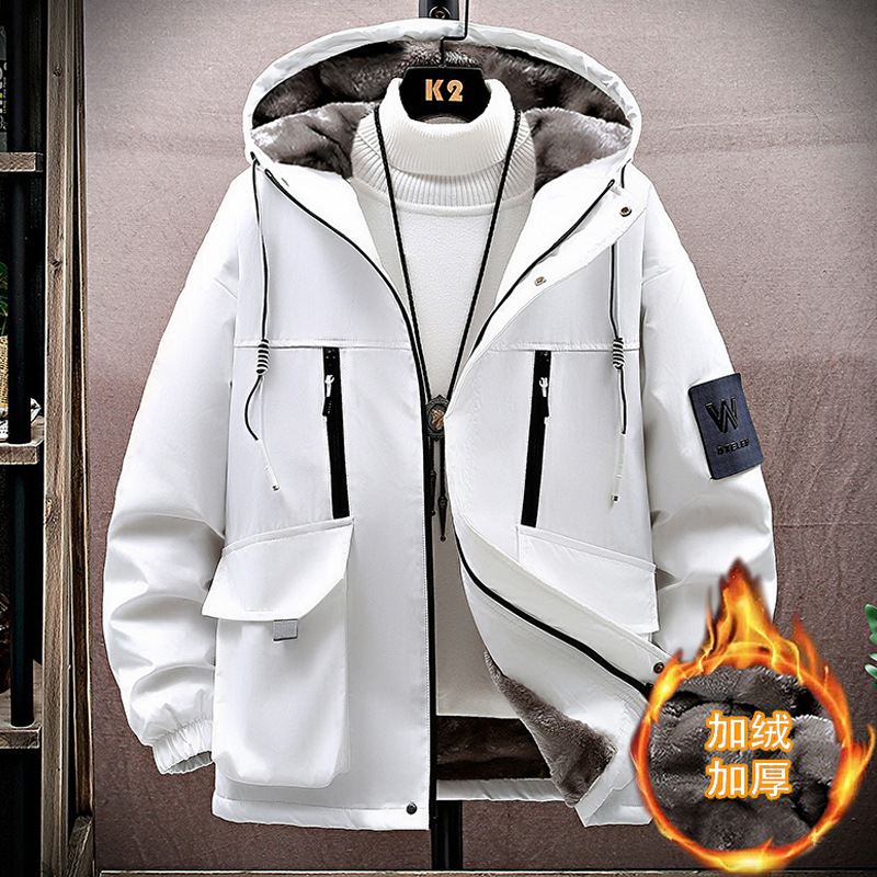 Men's Winter Hooded Fleece-Lined Thickened Long-Sleeve Cargo Jacket: Trendy Padded Heavyweight Outerwear