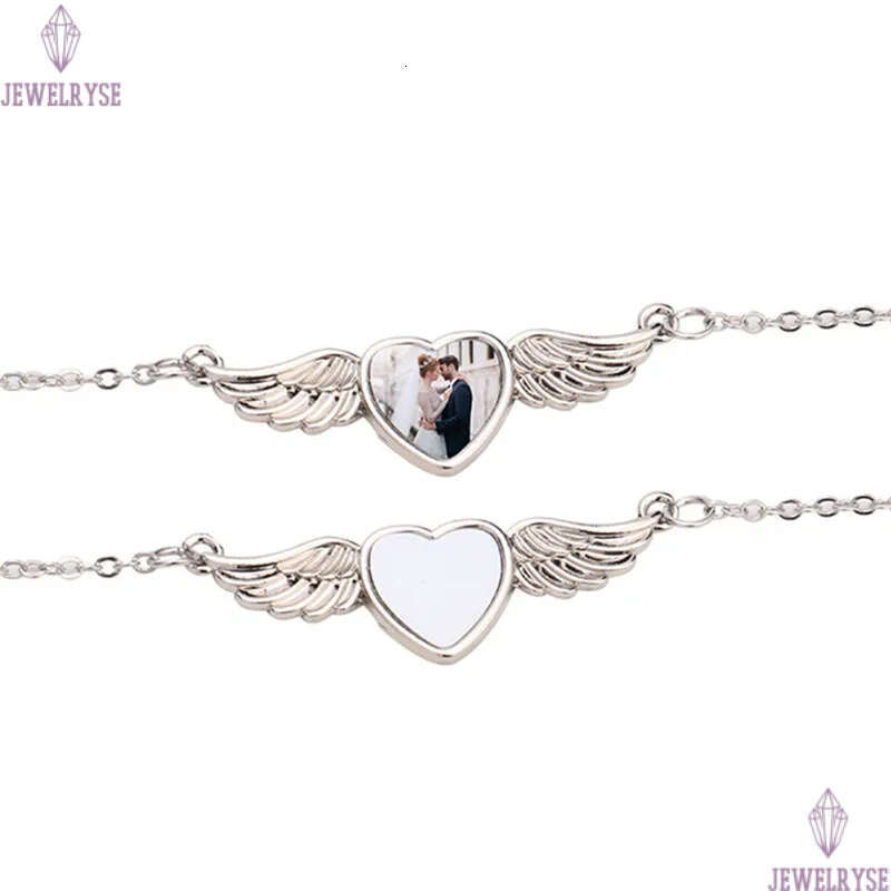 DIY sublimation blank couples mens designer jewelry love wing heart necklace woman party Photo Frame Silver Pendant Necklaces for Women Souvenir Gift
