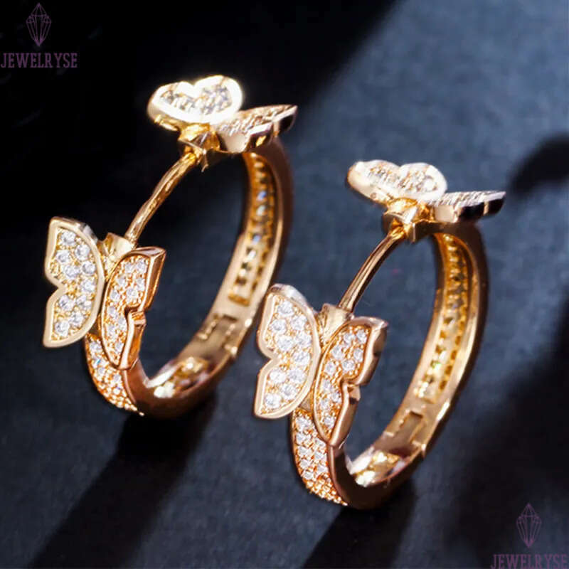 18k gold butterfly hoop earring designer for woman jewelry white AAA cubic zirconia copper round silver diamond earrings womens friend gift size 2.2cm