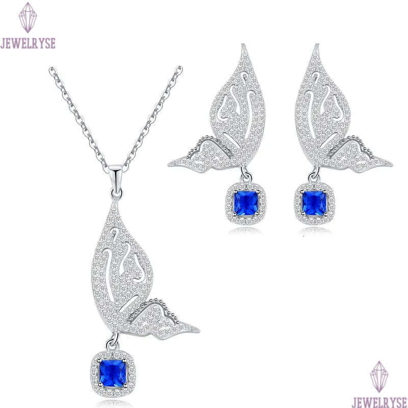 2pcs/set Fashion Wedding Designer Jewelry Set Woman Diamond Butterfly Necklace Earrings Yellow Blue AAA Cubic Zirconia Earring Necklaces forBridesmaid