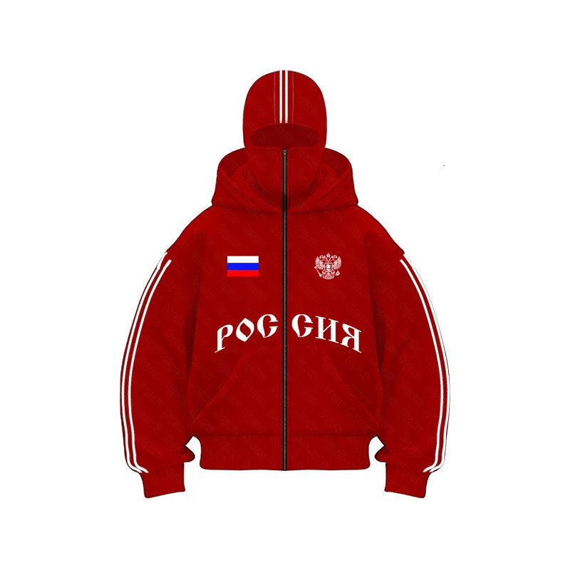 Russia Vintage Double Zip Hoodies Y2K Clothes Men Hip Hop Lettering Graphic Oversized Hoodies Sweatshirts Casual Jacket 251201