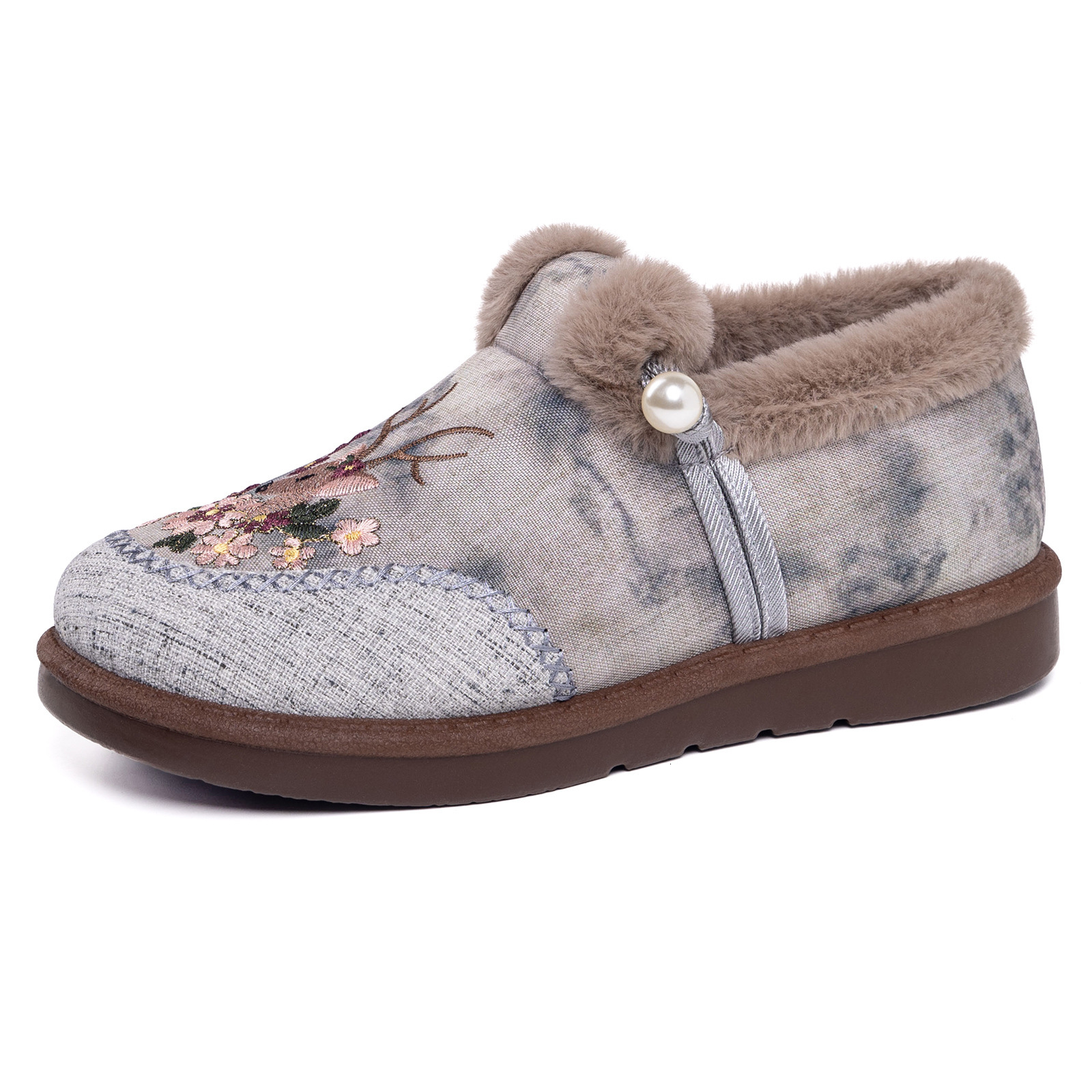 Women's Winter Cotton Shoes with Fleece Lining, Thickened Old Beijing Cloth Shoes, National Style Deer and Flower Cotton Boots, Widened Thick Sol