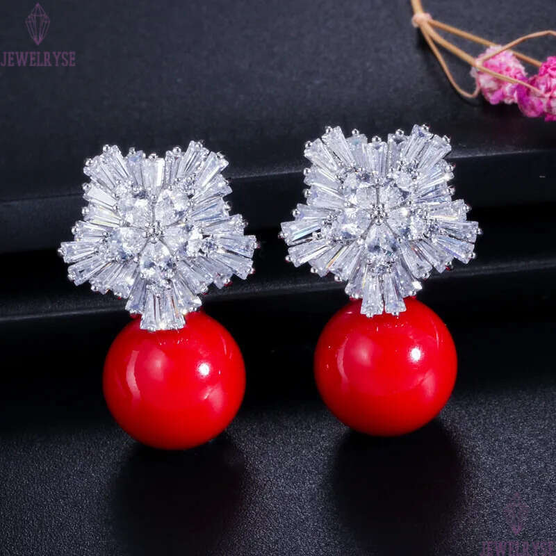 Snowflake Imitation Luxury Bride Charm Designer Earrings Jewelry White Grey Red Pearl AAA Cubic Zirconia Copper Silver Earring Women Engagement Weddin